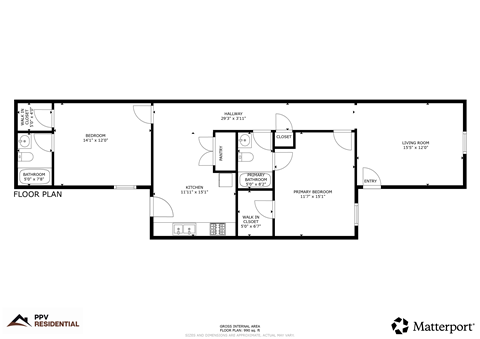 Floor plan for 2 beds, 2 baths, 1100 sqft